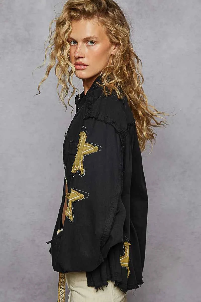 POL Star Patch Raw Hem Button Up Denim Jacket 6e21bec7-6a57-492c-b64e-86f3b8e2da16-Max-Origin