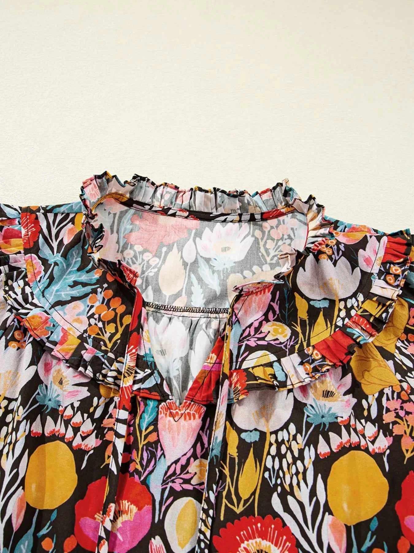 Floral 3/4 Puff Sleeve Tied Neck Blouse 6e26ef05d779478ebaedff386affe83b-Max-Origin