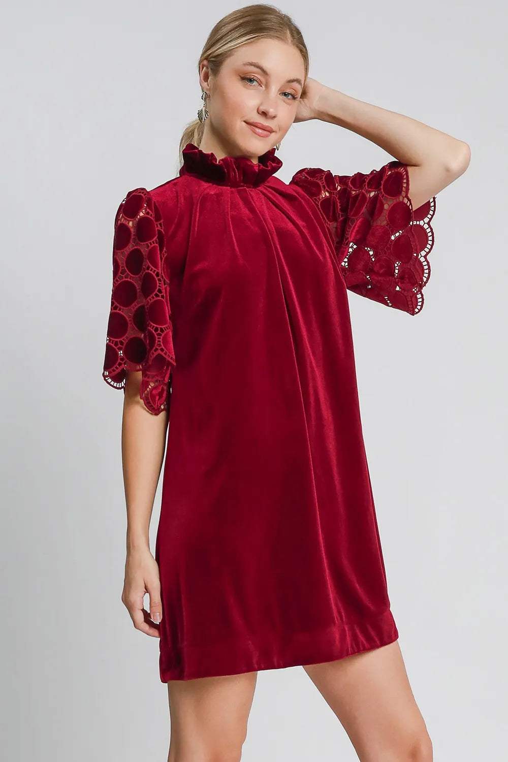 Umgee Dotted Lace Half Sleeve Mock Neck Back Tie Velvet Dress 6e275337-45bd-431a-b1e9-b863476b3eec-Max