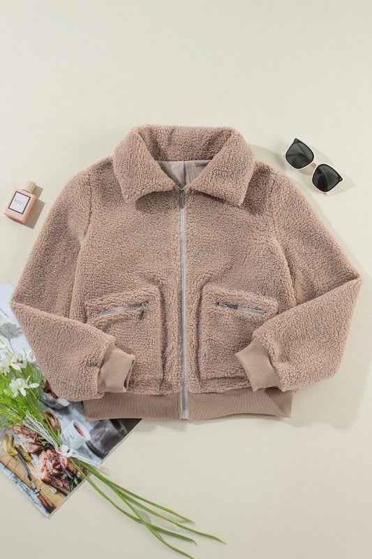 Solid Zip-Up Pocketed Fuzzy Jacket 6e28cb29-5c45-4fa3-b256-64c29b8ef53c