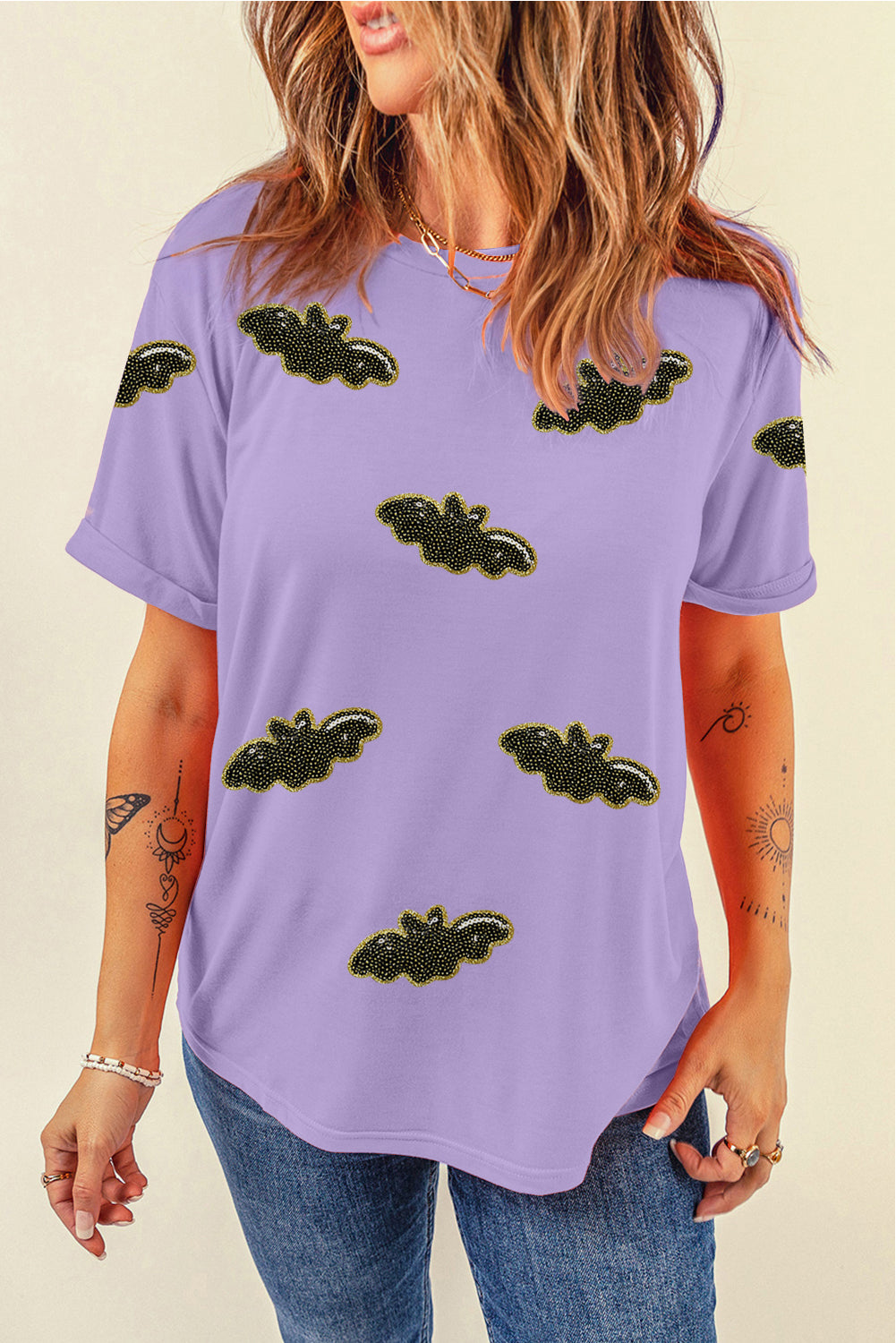 Wisteria Sequin Halloween Bat Patched Casual T Shirt 6e2b27102ae55af6