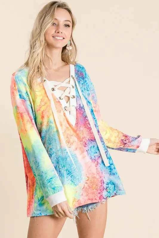 BiBi Tie Dye Deep V-neck Top With Lace Up Front 6e2ddaaa9aae4b96ba8d8808966f7cc2-Max-Origin