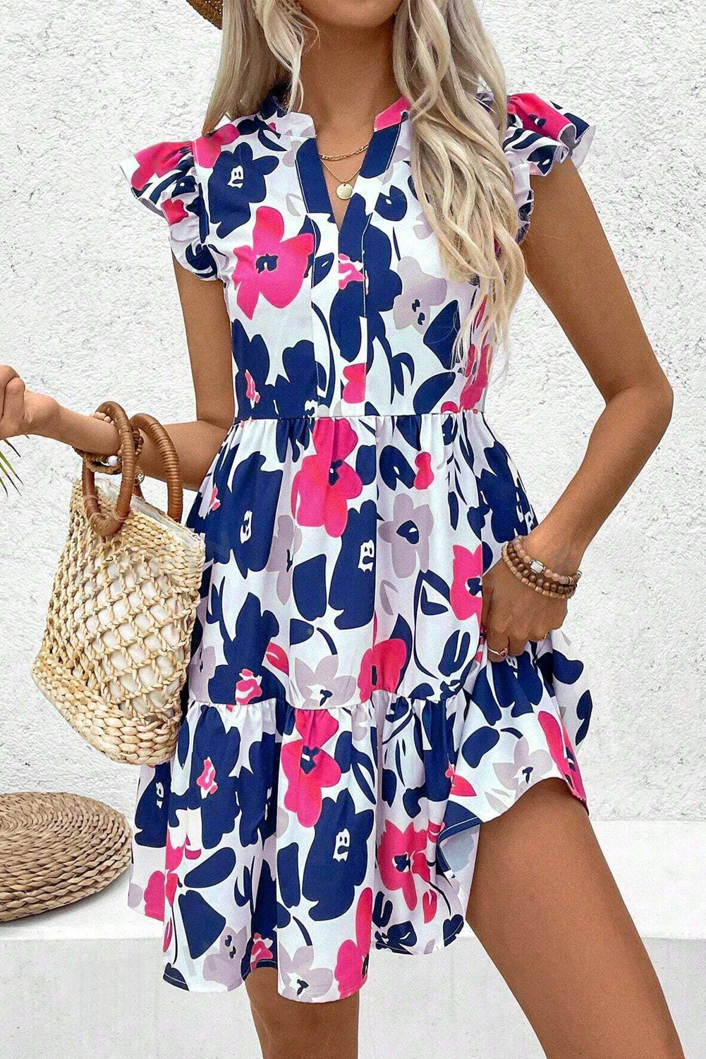 Orange Floral Print Notched Neck Flutter Sleeve Mini Dress Rose 6e2f8956fa19ef64