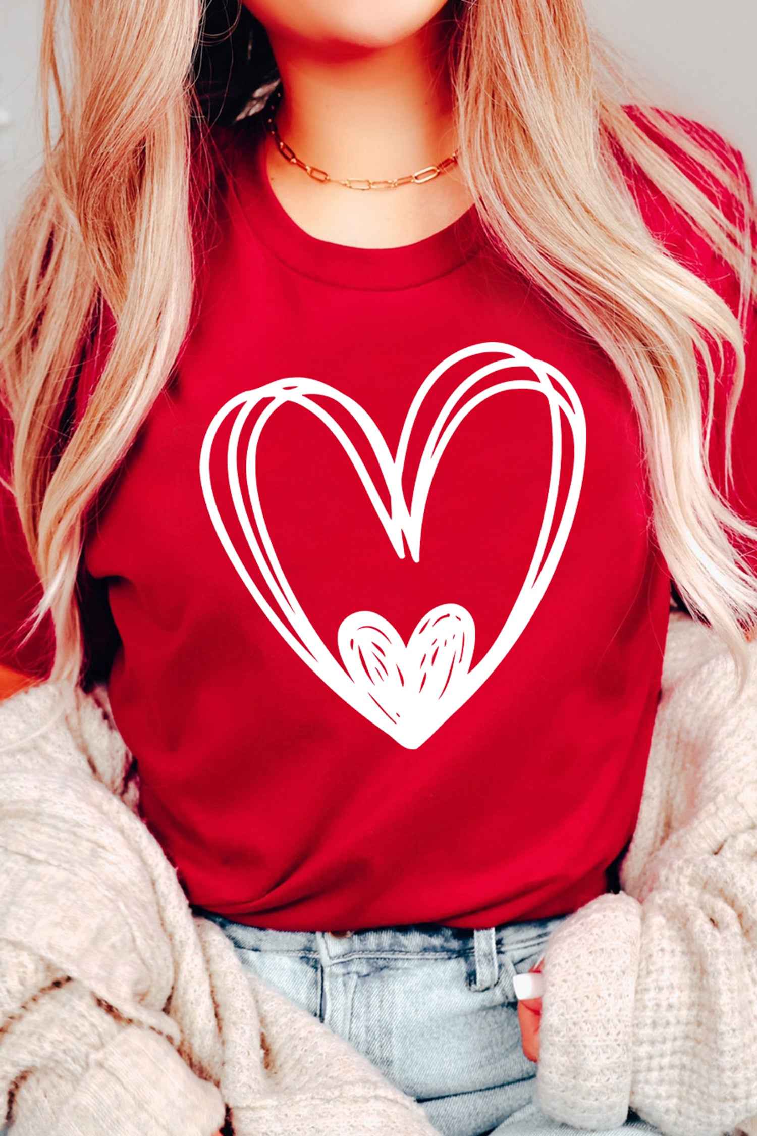 Red Hand Drawn Heart Valentines Day Fashion T Shirt Red-2 62%Polyester+32%Cotton+6%Elastane 6e36b40aa180698d