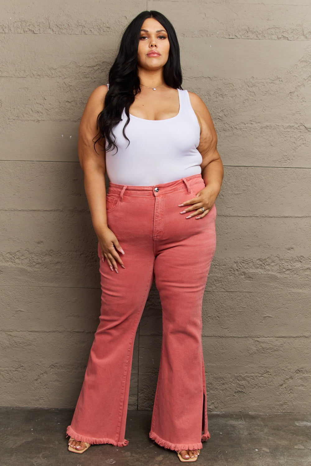 RISEN Bailey Full Size High Waist Side Slit Flare Jeans 6e3b029fc41949d1a57ffcf6ed9b3678-Max