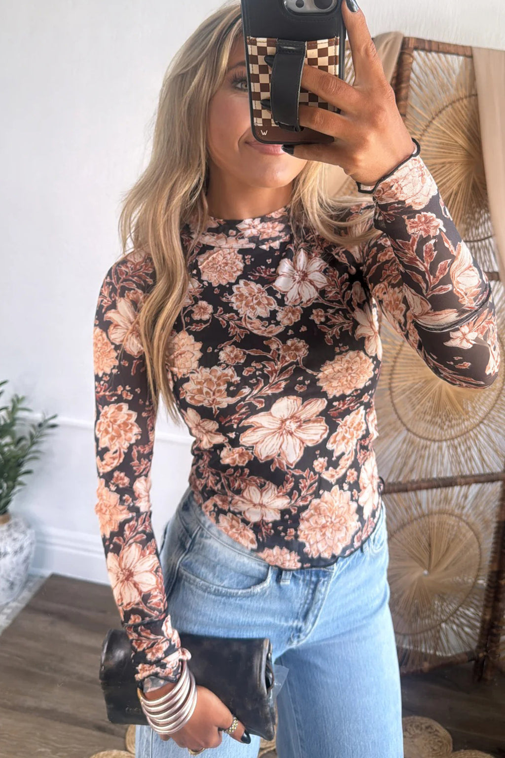 Black Floral Print Mesh Mock Neck Long Sleeve Top 6e3b2f41fa1ae432