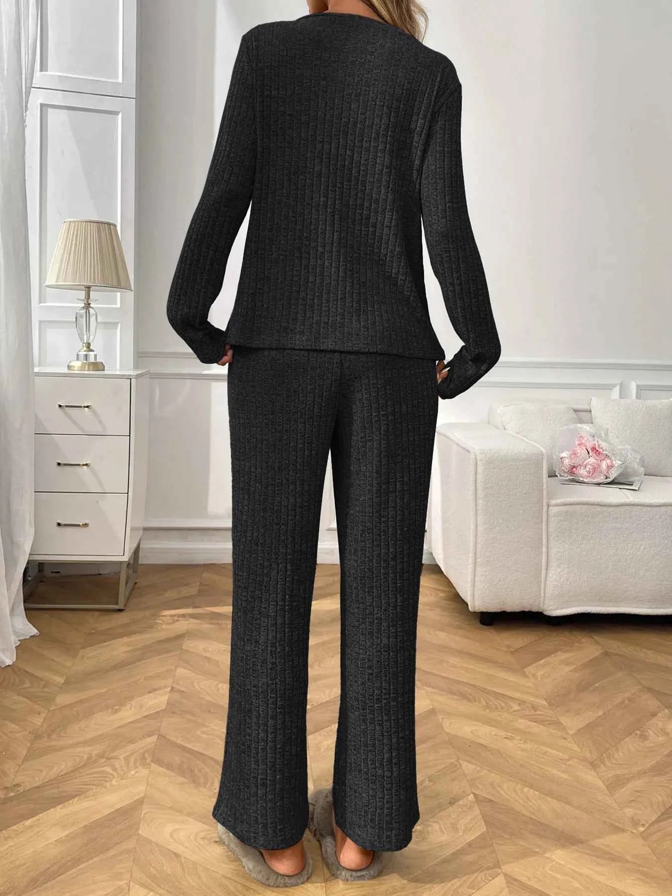Ribbed Long Sleeve Top and Pants Lounge Set 6e3b588e17bd40b89746bc41c061551b-Max-Origin