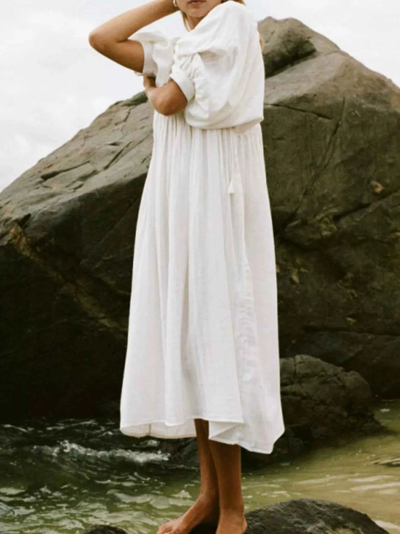 Tie Neck 3/4 Sleeve Midi Dress 6e3bcfb7-da1c-4347-8442-643bf0e93cb1-Max-Origin