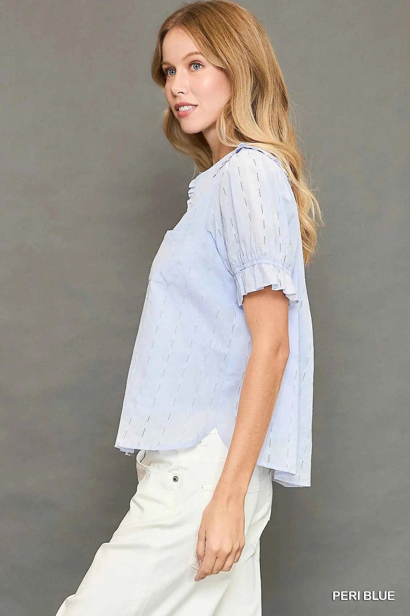 Umgee Peter Pan Collared Button Down Textured Shirt with Ruffled Detail 6e3cb55b-f37b-476a-8be9-ad82c708152a-Max-Origin