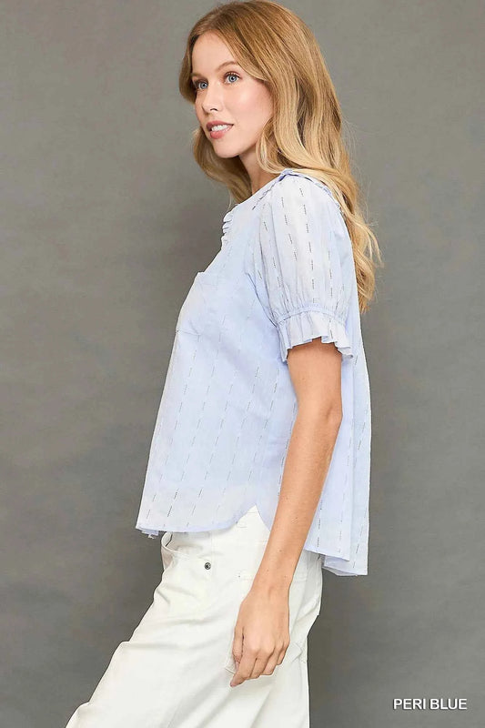 Peter Pan Collared Button Down Textured Shirt with Ruffled Detail 6e3cb55b-f37b-476a-8be9-ad82c708152a-Max-Origin