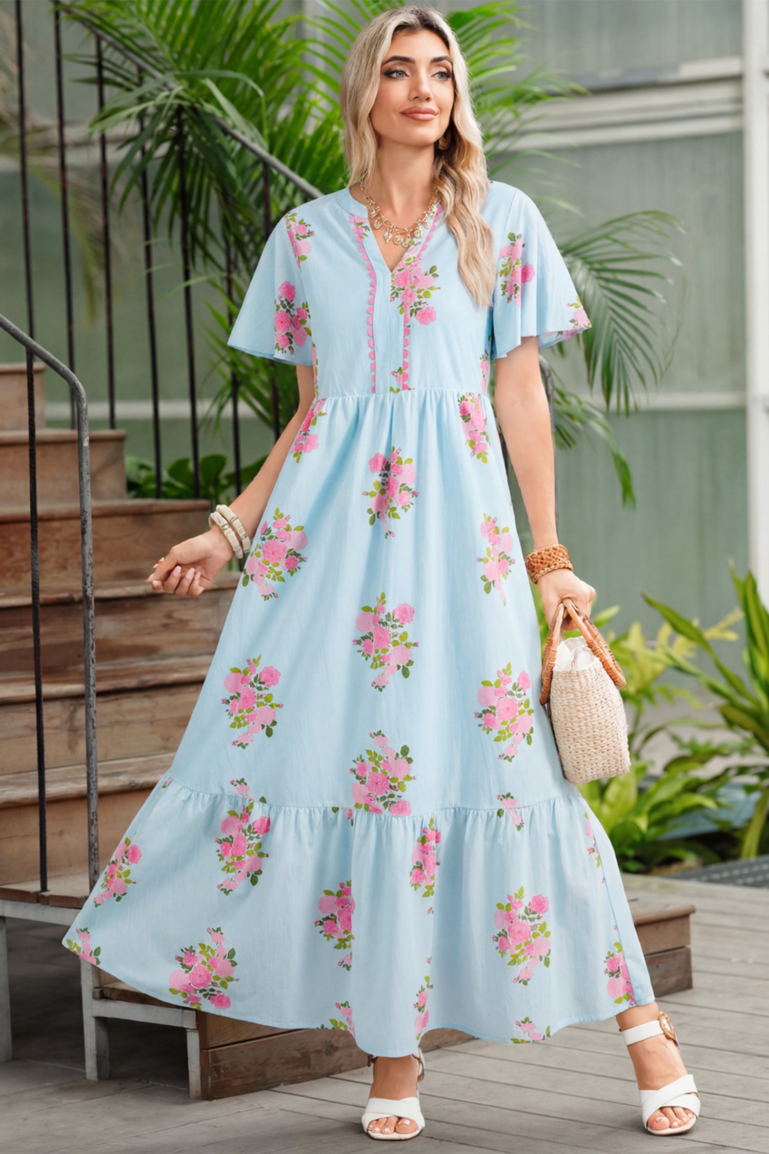 Sky Blue Notched Neck Flutter Short Sleeve Floral Print Maxi Dress 6e4289a9c103a409