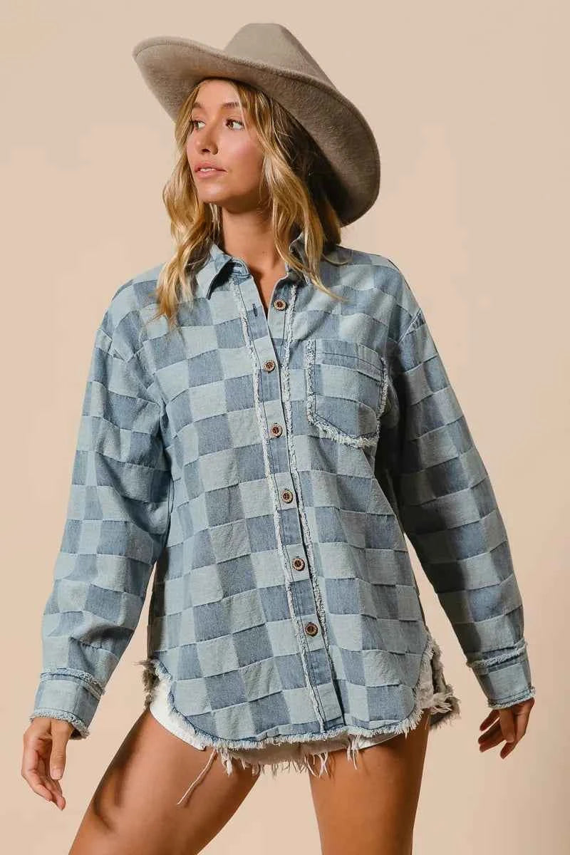 BiBi Frayed Edged Detail Washed Checker Denim Shirt 6e476fb1b81f4def9a9a7c7926b81ee9-Max-Origin