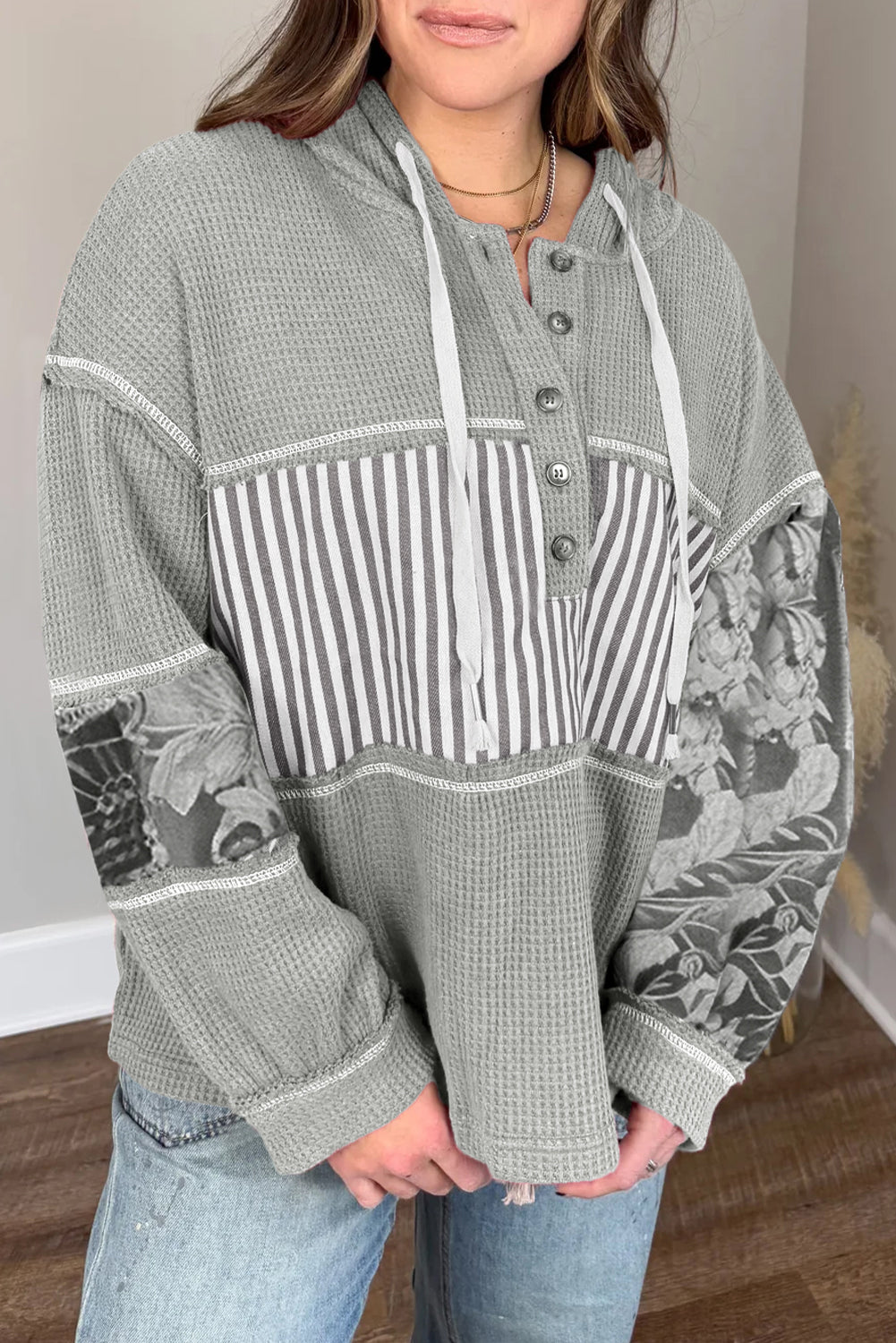 Gray Mixed Waffle Knit Patchwork Henley Plus Size Hoodie 6e47d163dbd128cc