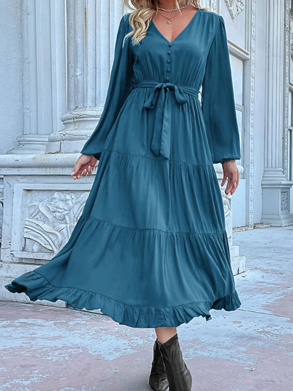 Ruffled Hem V-Neck Balloon Sleeve Dress 6e4b911c-c62e-42e1-a850-74b595e6004a-Max-Origin