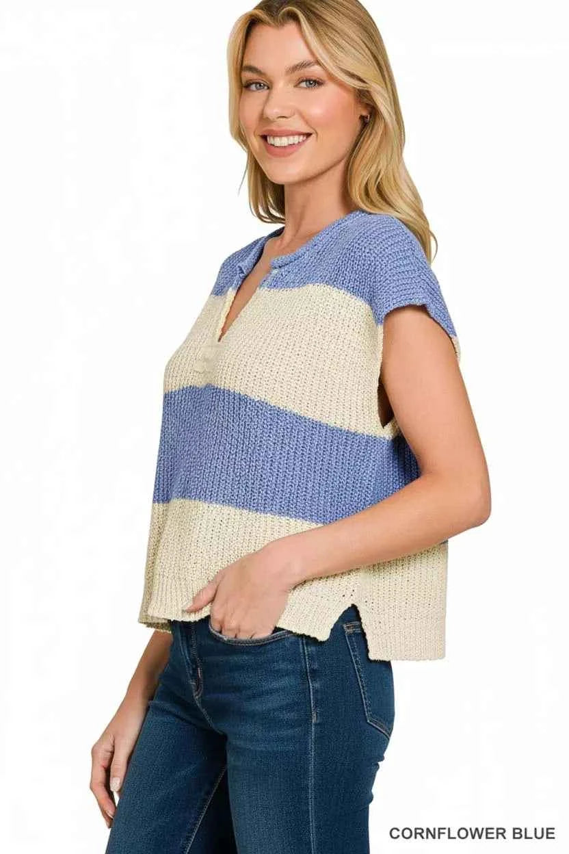 Zenana Split Neck Sleeveless Stripe Sweater 6e5834d5-4afb-41dd-aee1-70f0f58e0775-Max-Origin