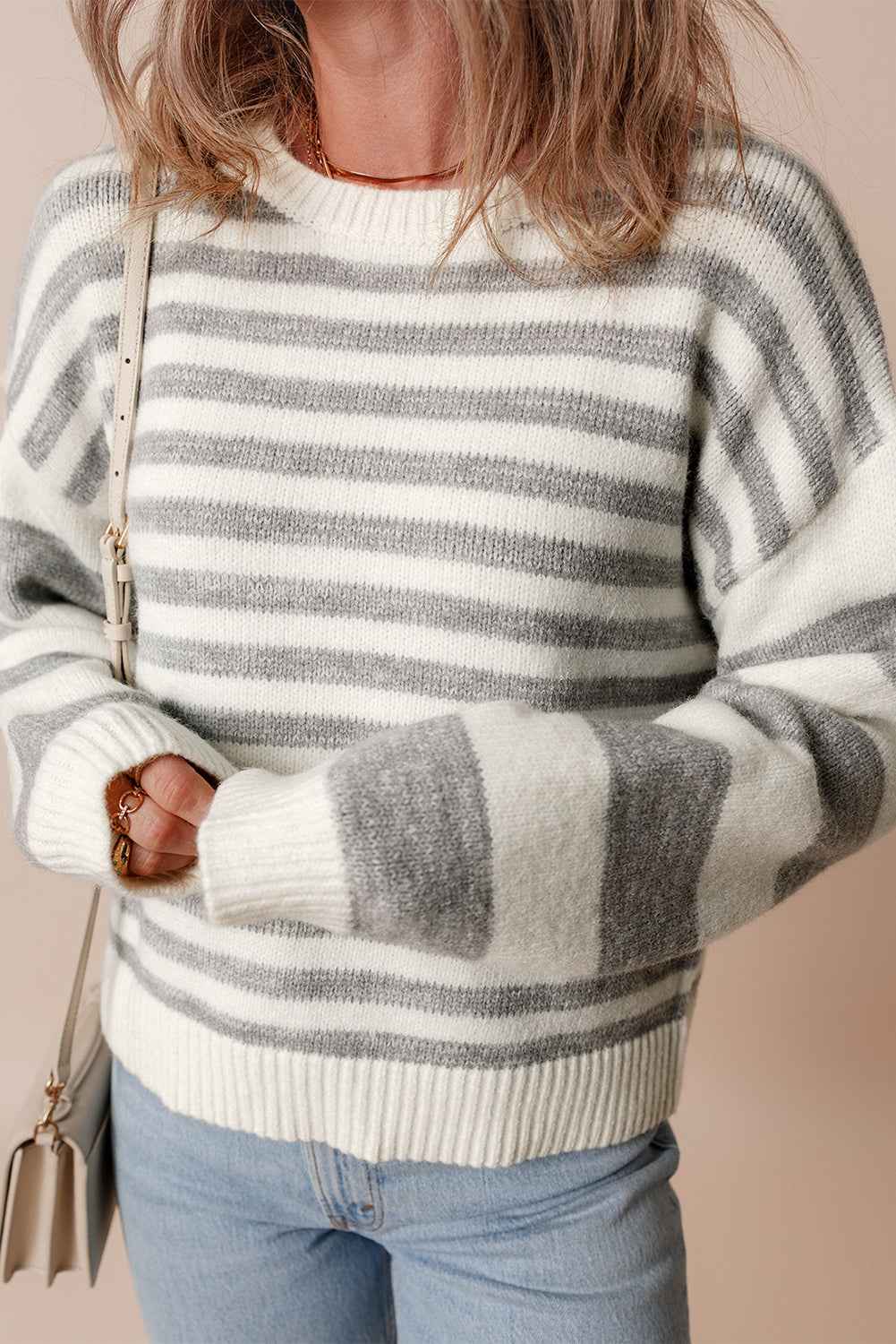 Gray Stripe Drop Shoulder Crew Neck Sweater 6e6191644cbc4d09