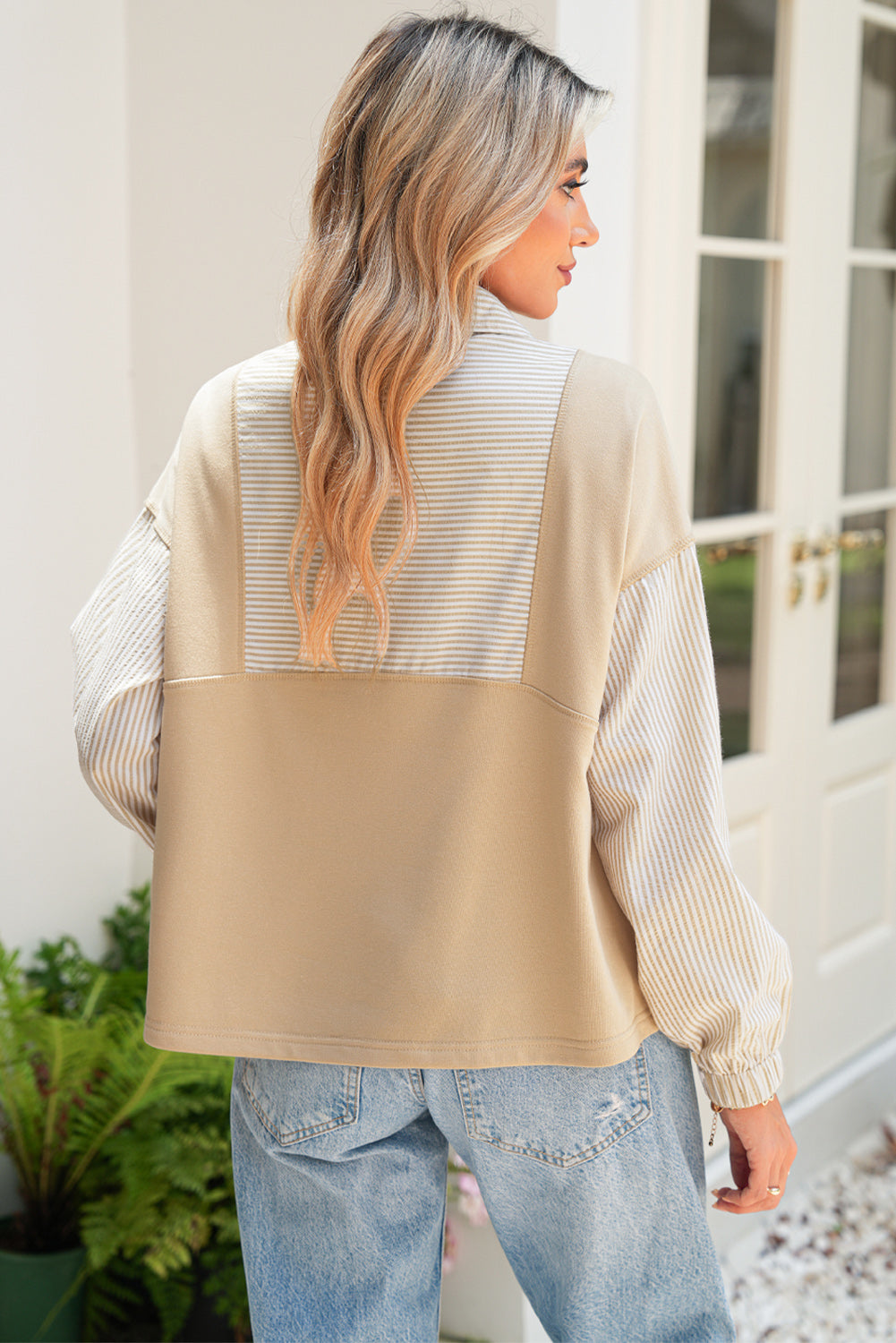 Smoke Gray Striped Patchwork Zip Collar Long Sleeve Top 6e6877aeca8ac04c
