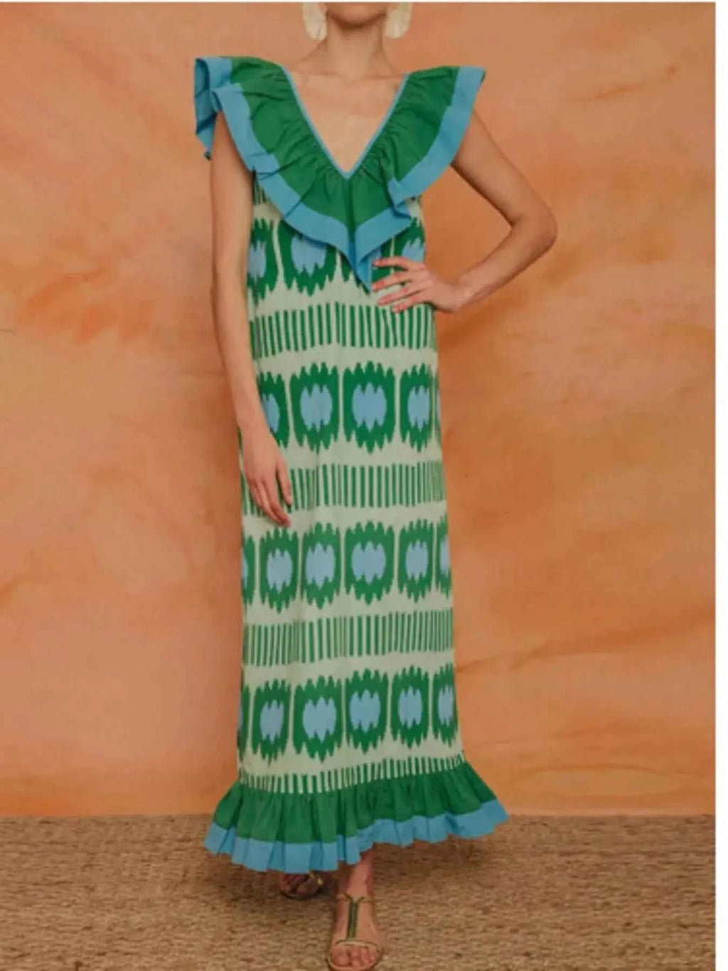 Ruffled V-Neck Printed Maxi Dress Turquoise 6e69c2df7c96490987c076016e414195-Max-Origin