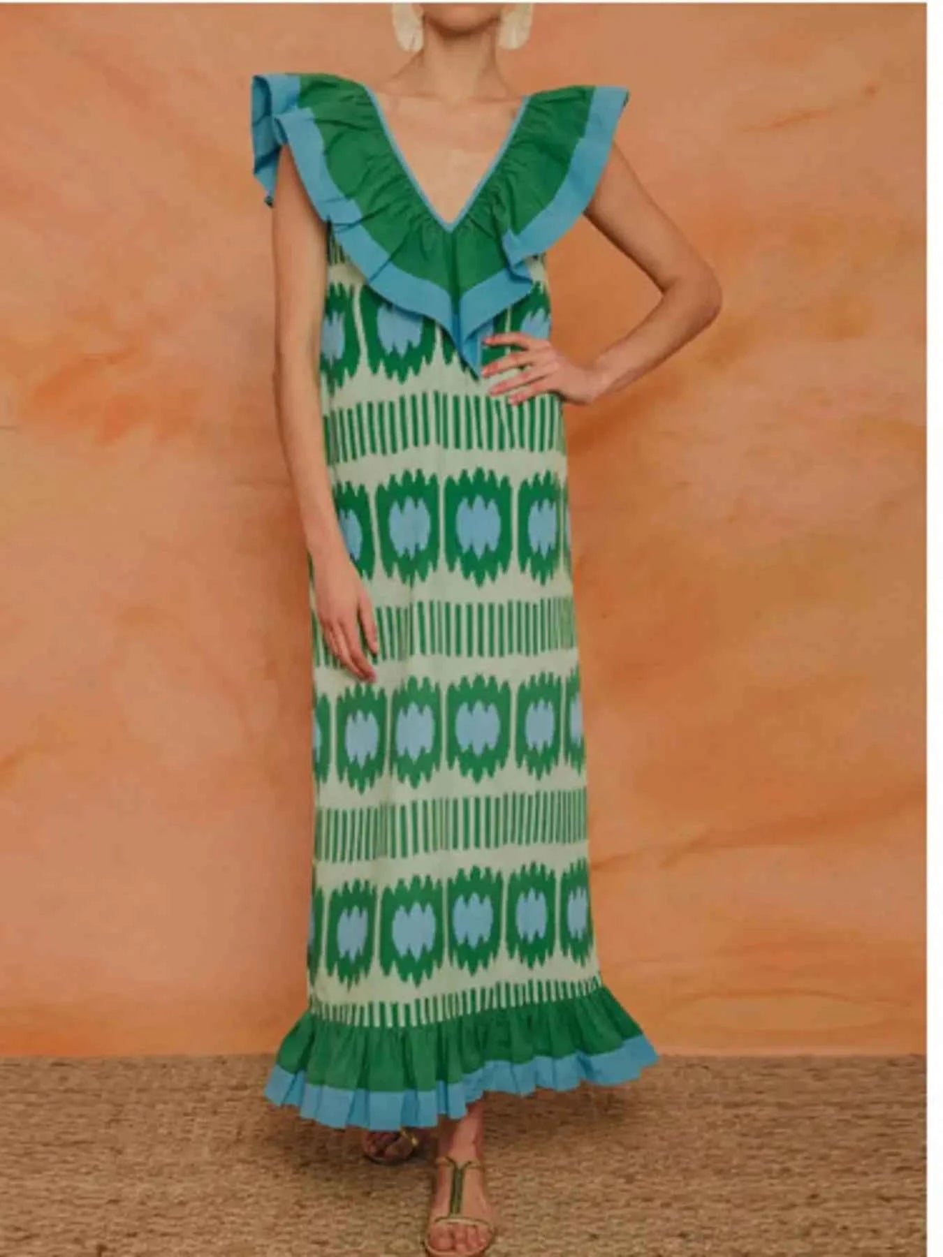 Ruffled V-Neck Printed Maxi Dress Turquoise 6e69c2df7c96490987c076016e414195-Max-Origin