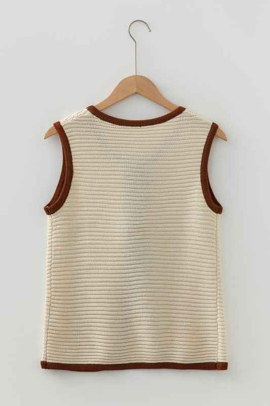 Contrast Trim Tie Front Ribbed Knit Sweater Vest 6e6a2df4-fbcf-4c06-a402-90268ab5ab32
