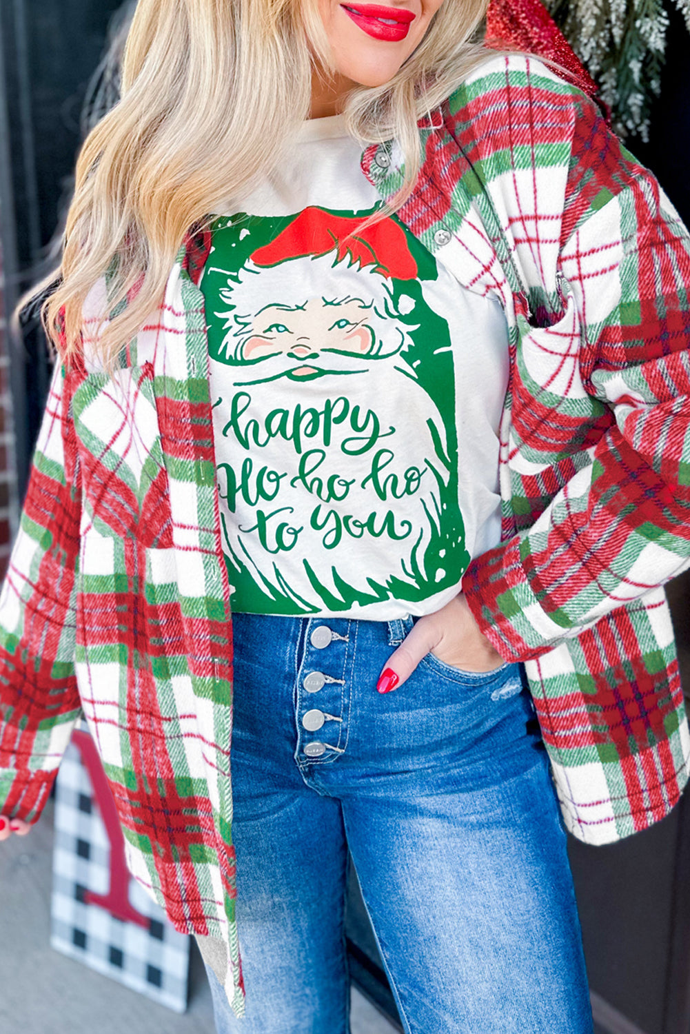 Khaki Christmas Plaid Casual Flannel Shacket