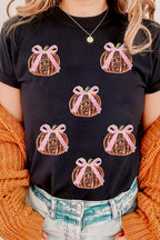 Black Sequin Bow Pumpkin Patched Cotton Blend T Shirt 6e7d90776cdab0f5