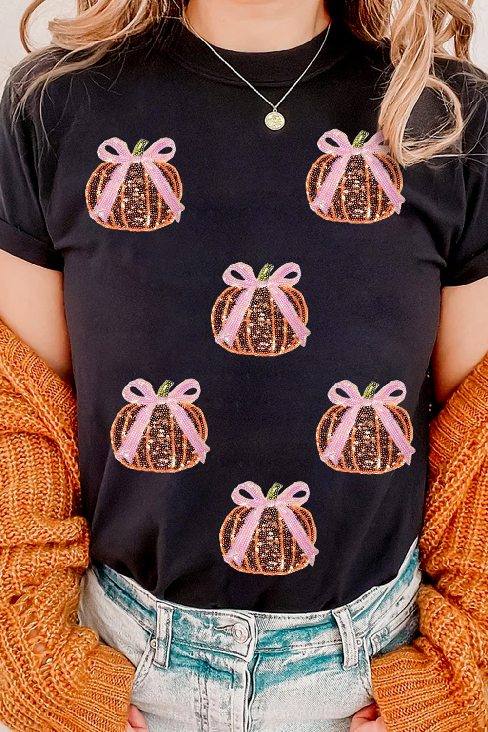 Black Sequin Bow Pumpkin Patched Cotton Blend T Shirt 6e7d90776cdab0f5