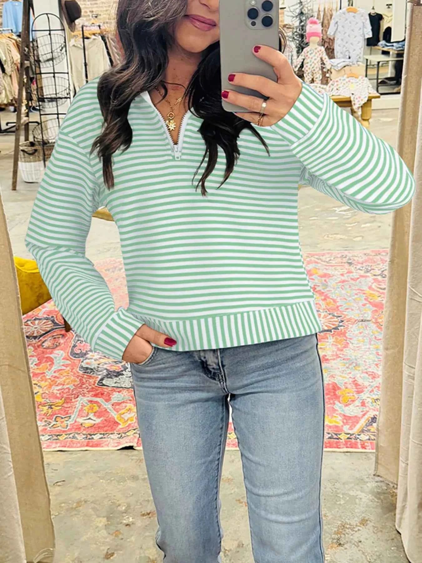 Stripe Quarter Zip Collar Long Sleeve Top Light Green 6e80d9b6-a62e-4969-8711-5f10131eb4d4-Max-Origin