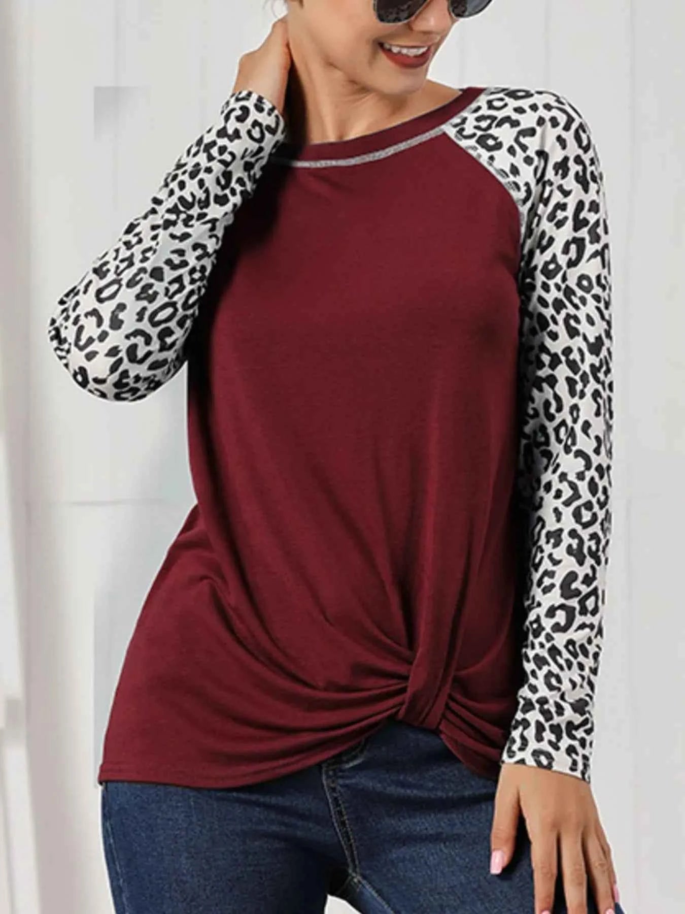 Leopard Print Raglan Sleeve Twist Hem T-Shirt