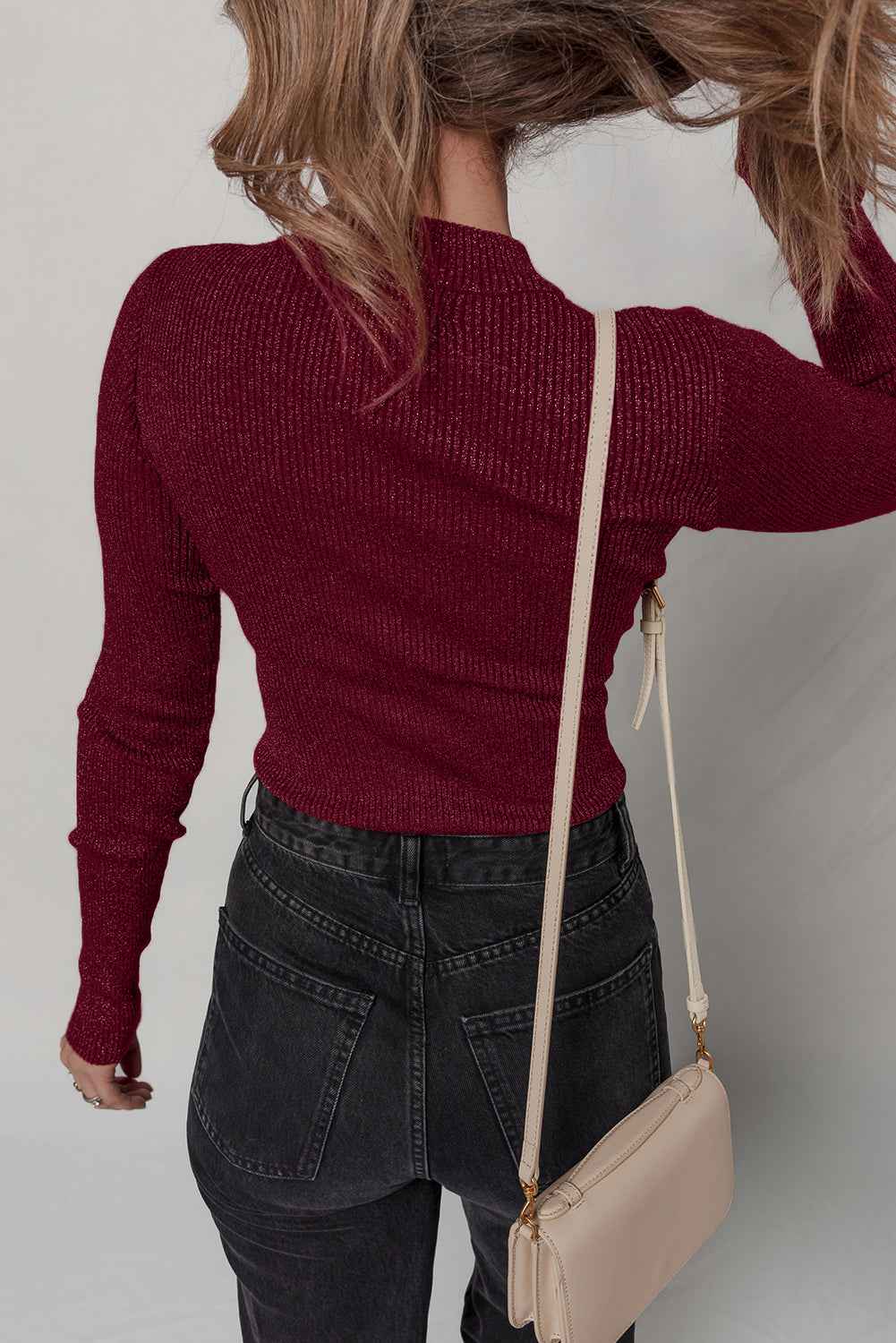 Red Dahlia Metal Ribbed Knit Long Sleeve Slim Fit Top 6e829f1772c55fe3