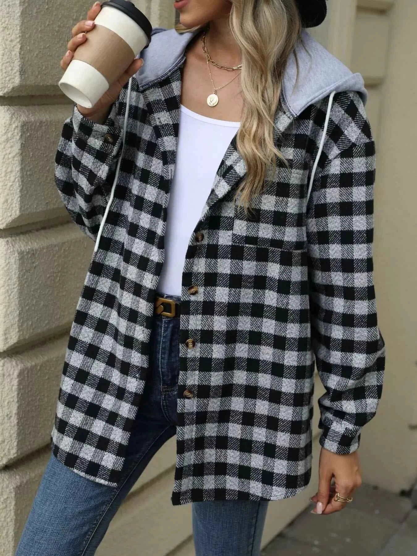 Plaid Button Up Long Sleeve Drawstring Hooded Jacket 6e8721fe3e834491b0ddc8642284614f-Max-Origin
