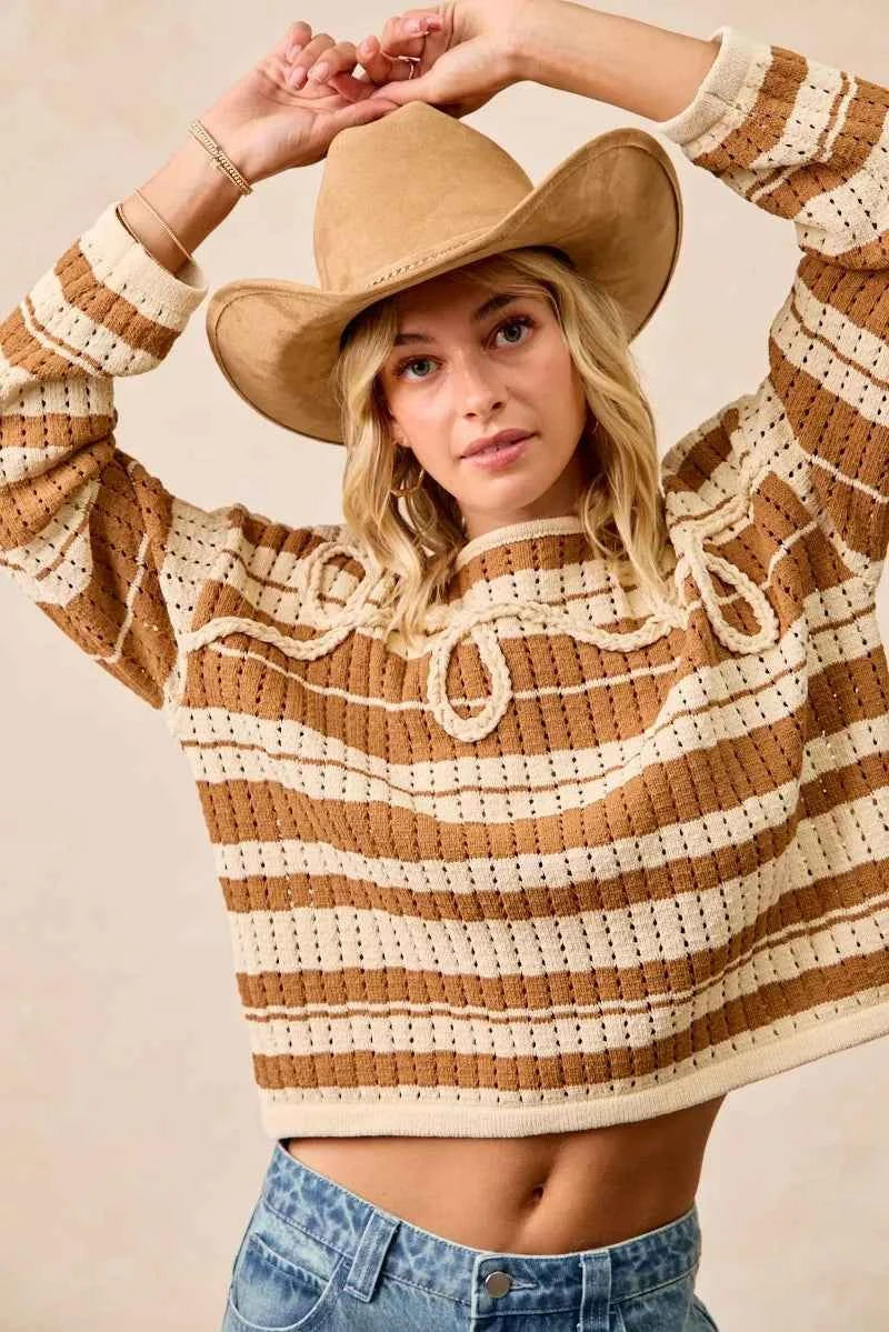 BiBi Striped Open Knit Sweater Top with Front Braided Detail 6e887161b0b745c29fdc9d9d59f88940-Max-Origin