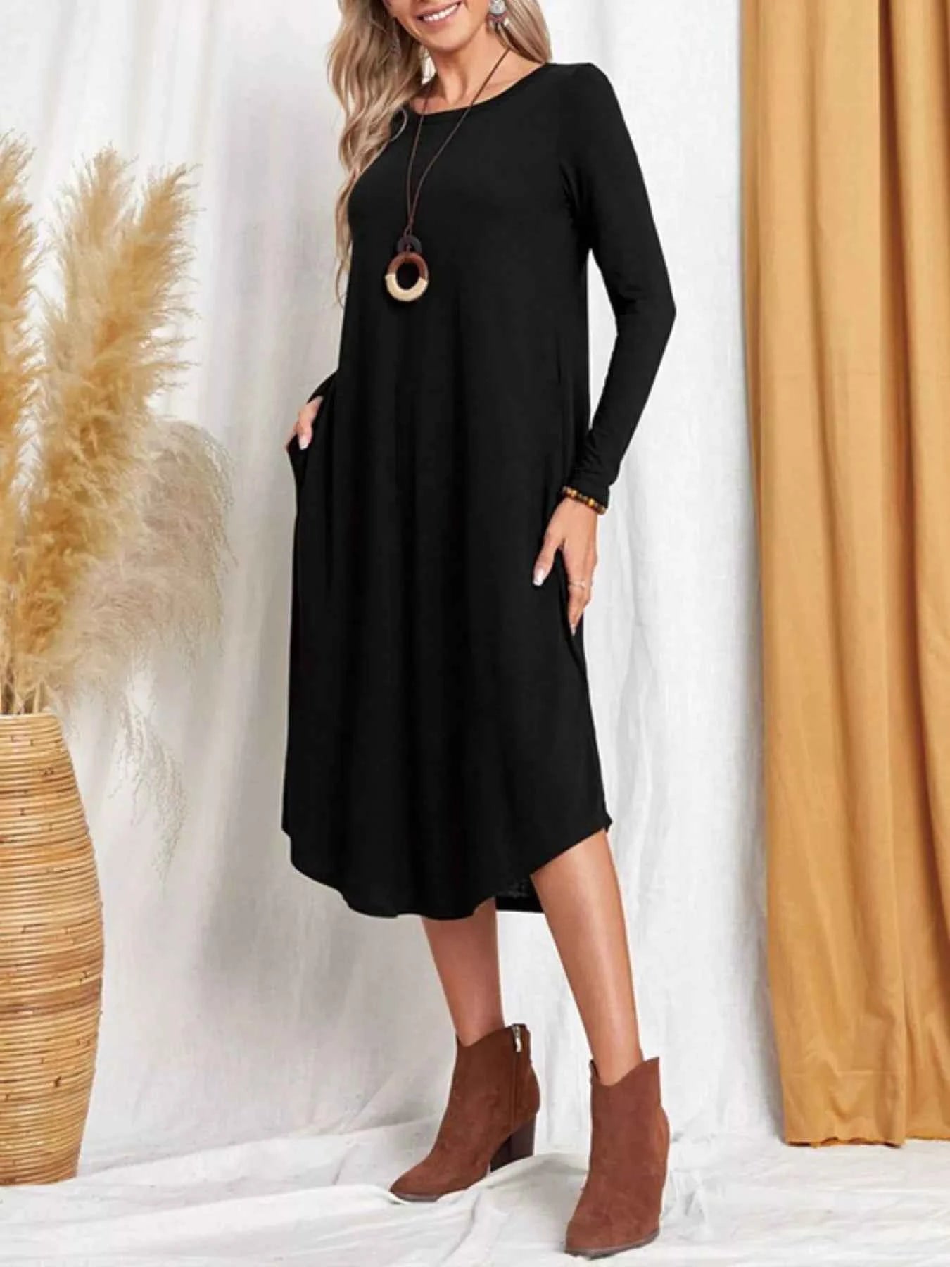 Casual Long Sleeve Pocket Midi Dress Black 6e890b97-ef2f-4109-999b-029689f452e3-Max-Origin