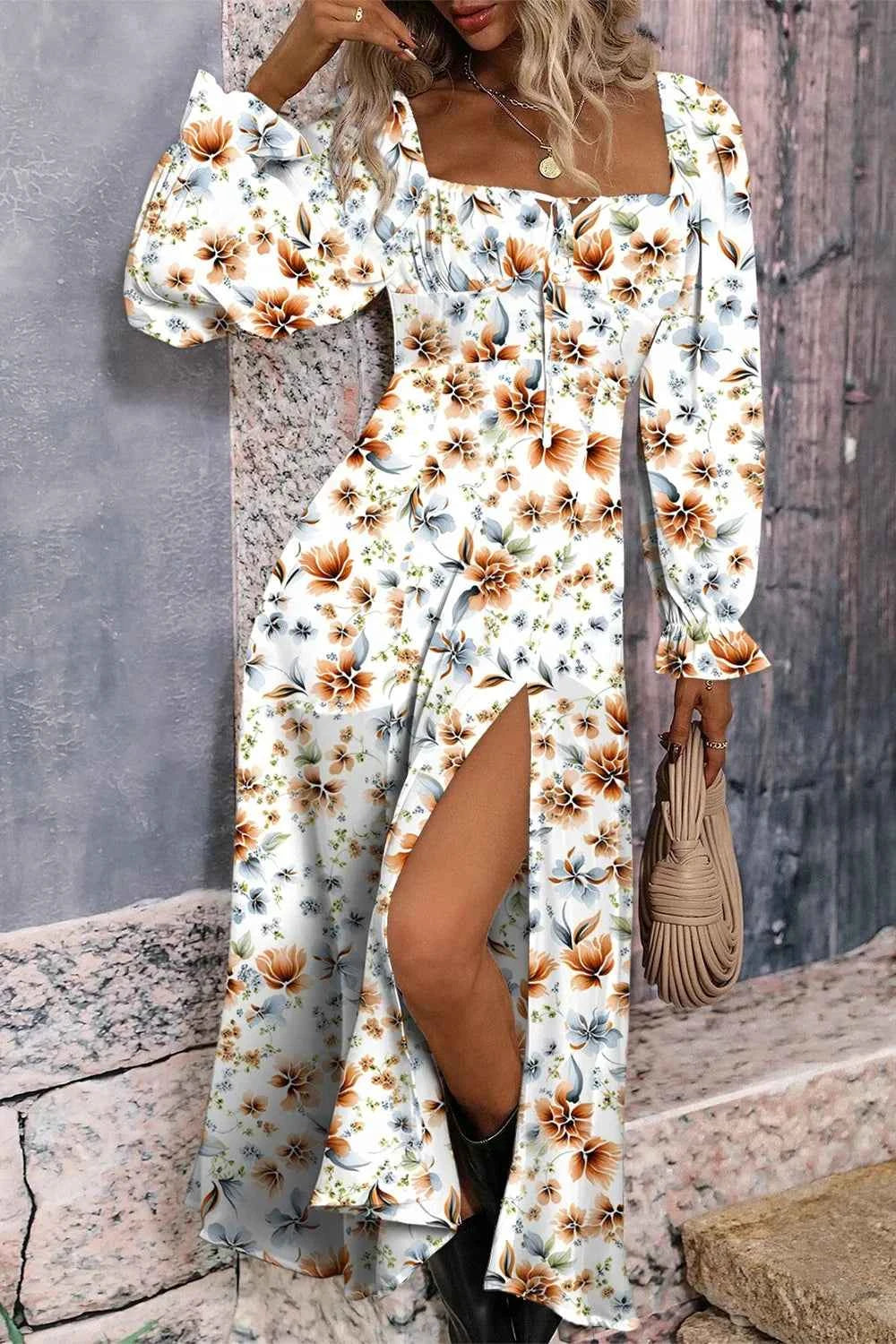 Floral Print Flounce Sleeve Midi Dress White 6e8aa5be-4919-40c7-a7ac-8d6d01d08d9b-Max-Origin