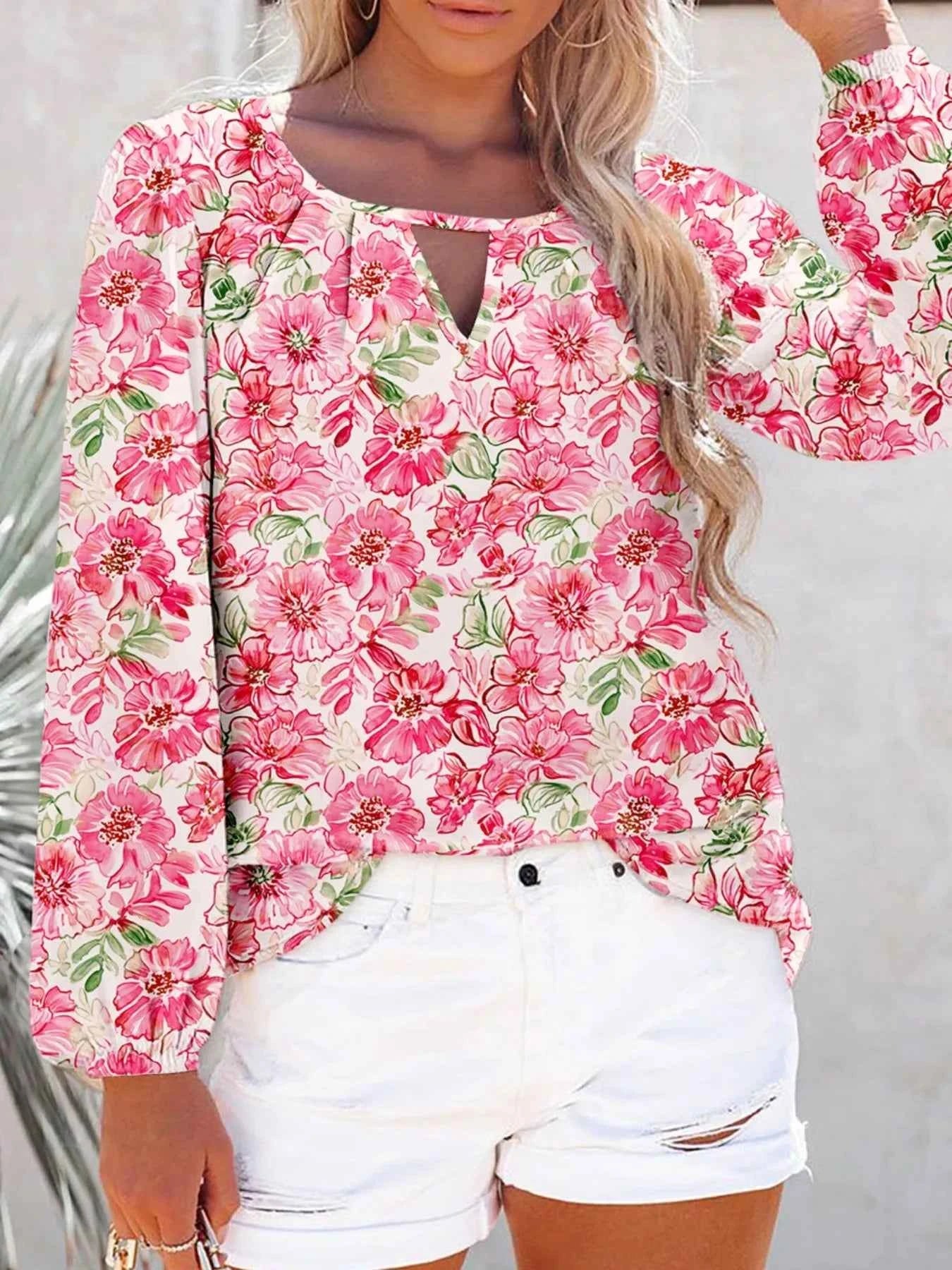 Floral Print Keyhole Neck Blouse 6e94996c1ce34239bf7975a3a5ddbe8c-Max-Origin