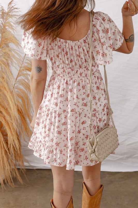 Floral Front Tie Shirred Waist Ruffle Mini Dress 6e954894-2d1b-4b49-a813-e56c959b07a0