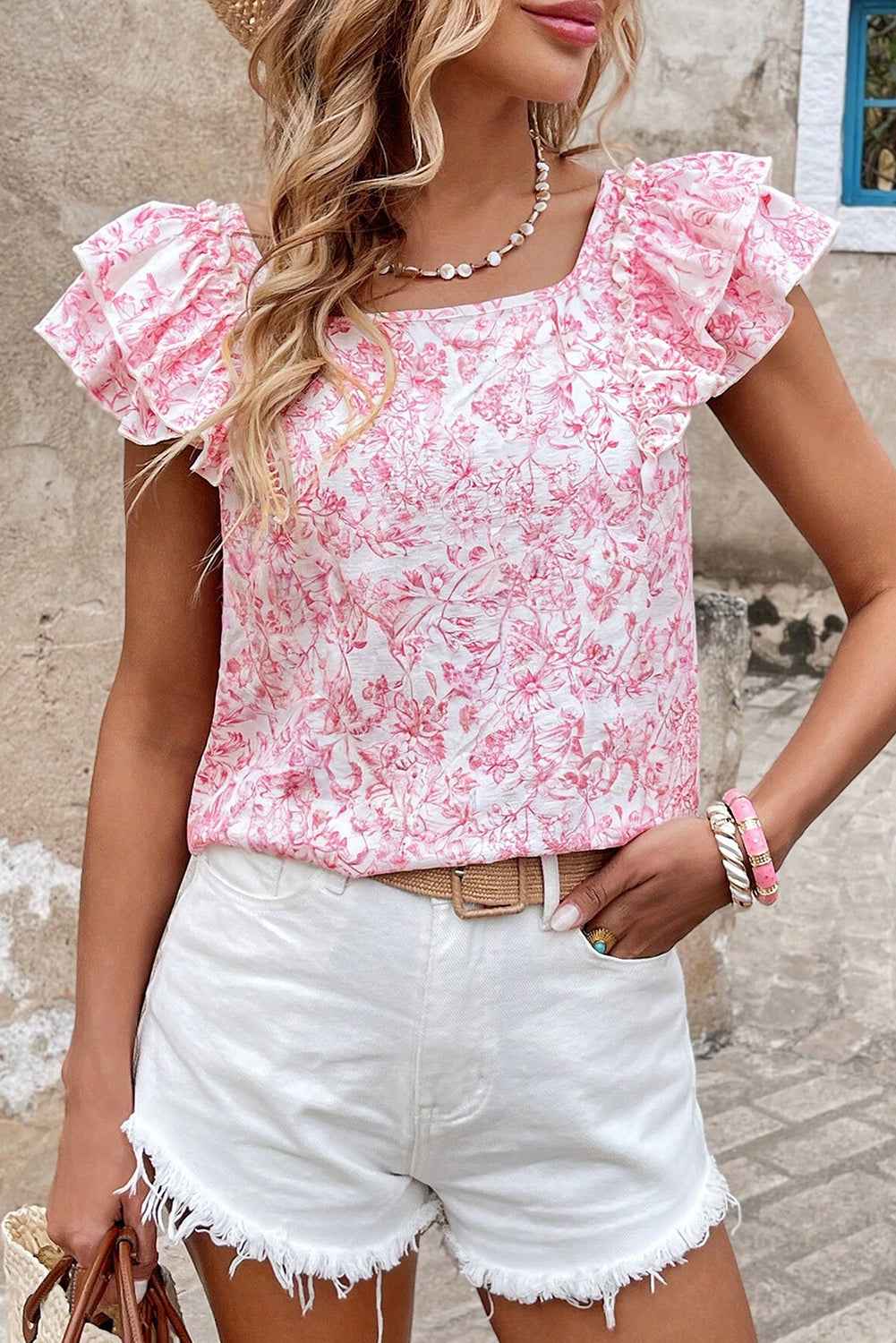 Sky Blue Floral Ruffle Short Sleeve Bow Back Blouse 6e9c08b1fe558dd0