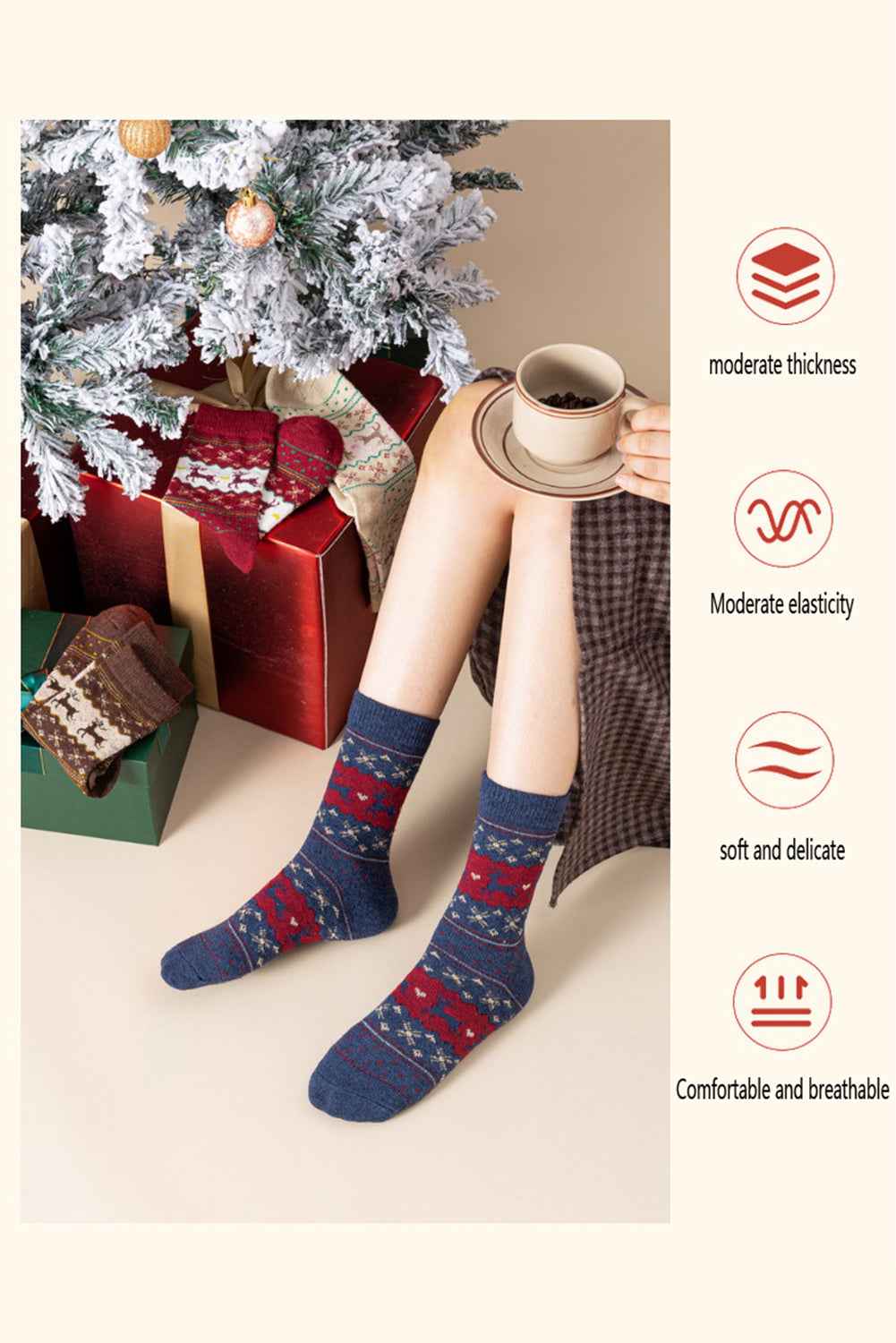 Parchment 5 Pairs Christmas Reindeer Print Socks Set 6e9f531d88e93913