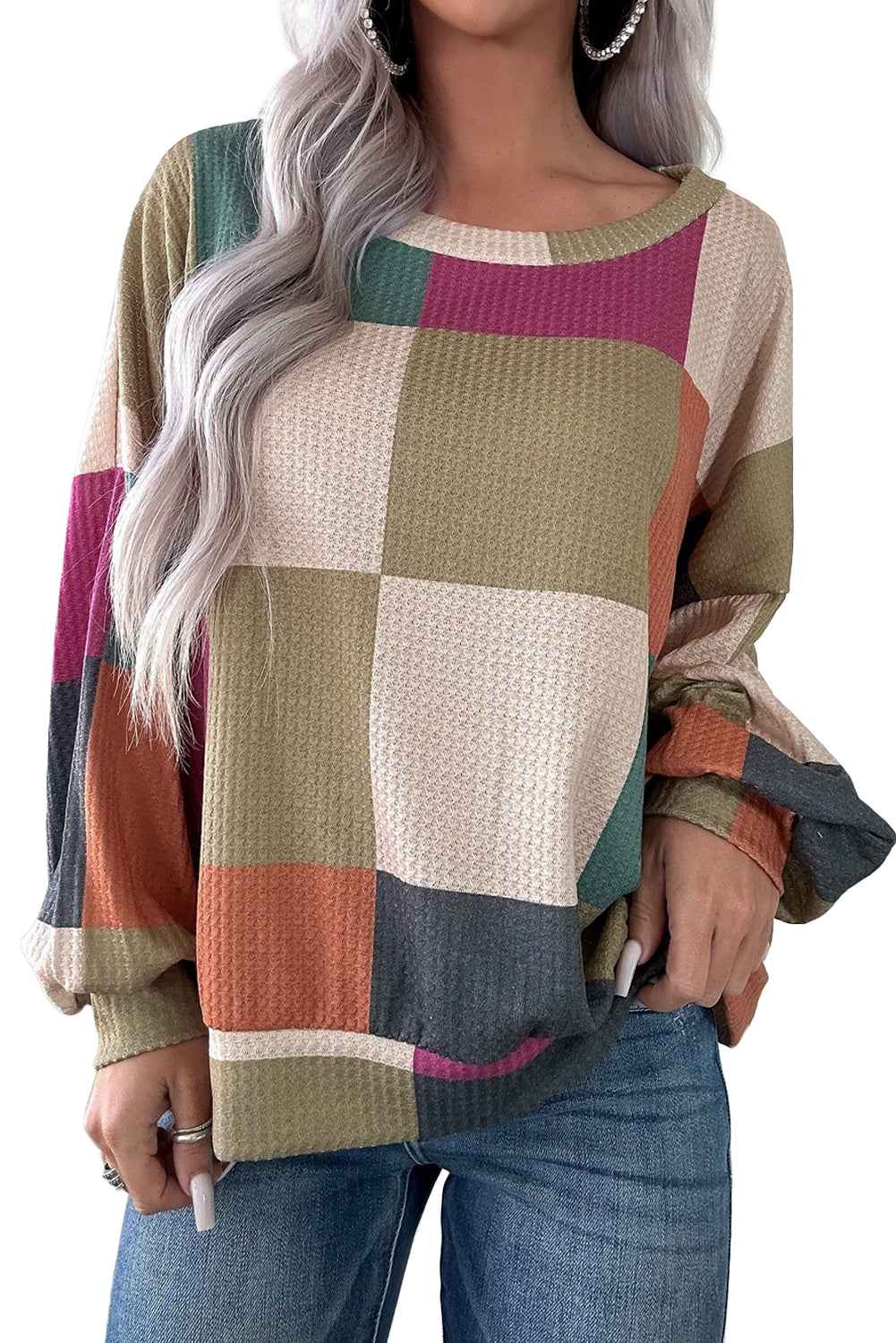 Green Checkered Print Textured Knit Long Sleeve Loose Top 6ea3744c1bcf4730