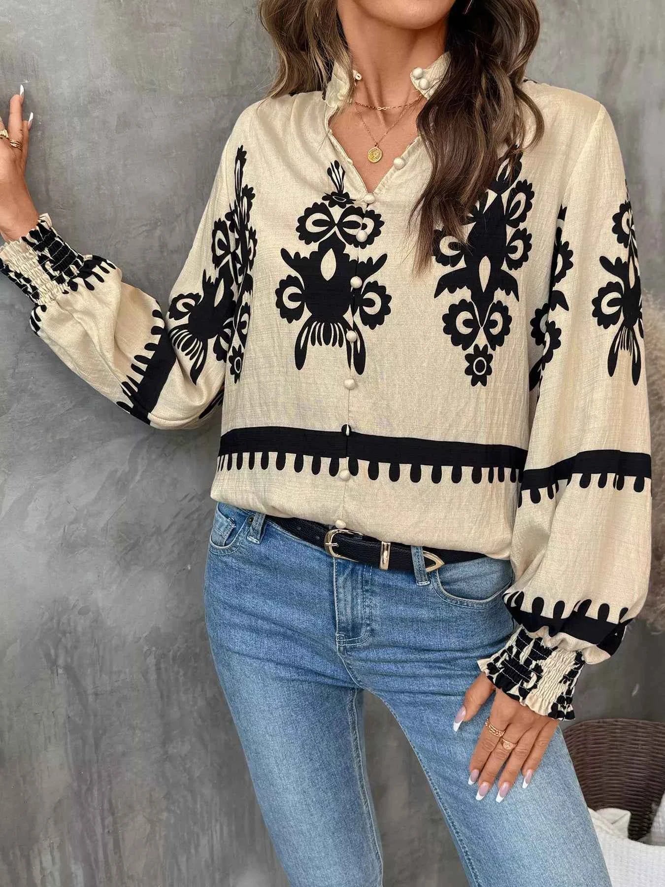 Printed Notched Lantern Sleeve Blouse 6eac1c16f09f48a28e73eff17fa8056d-Max-Origin