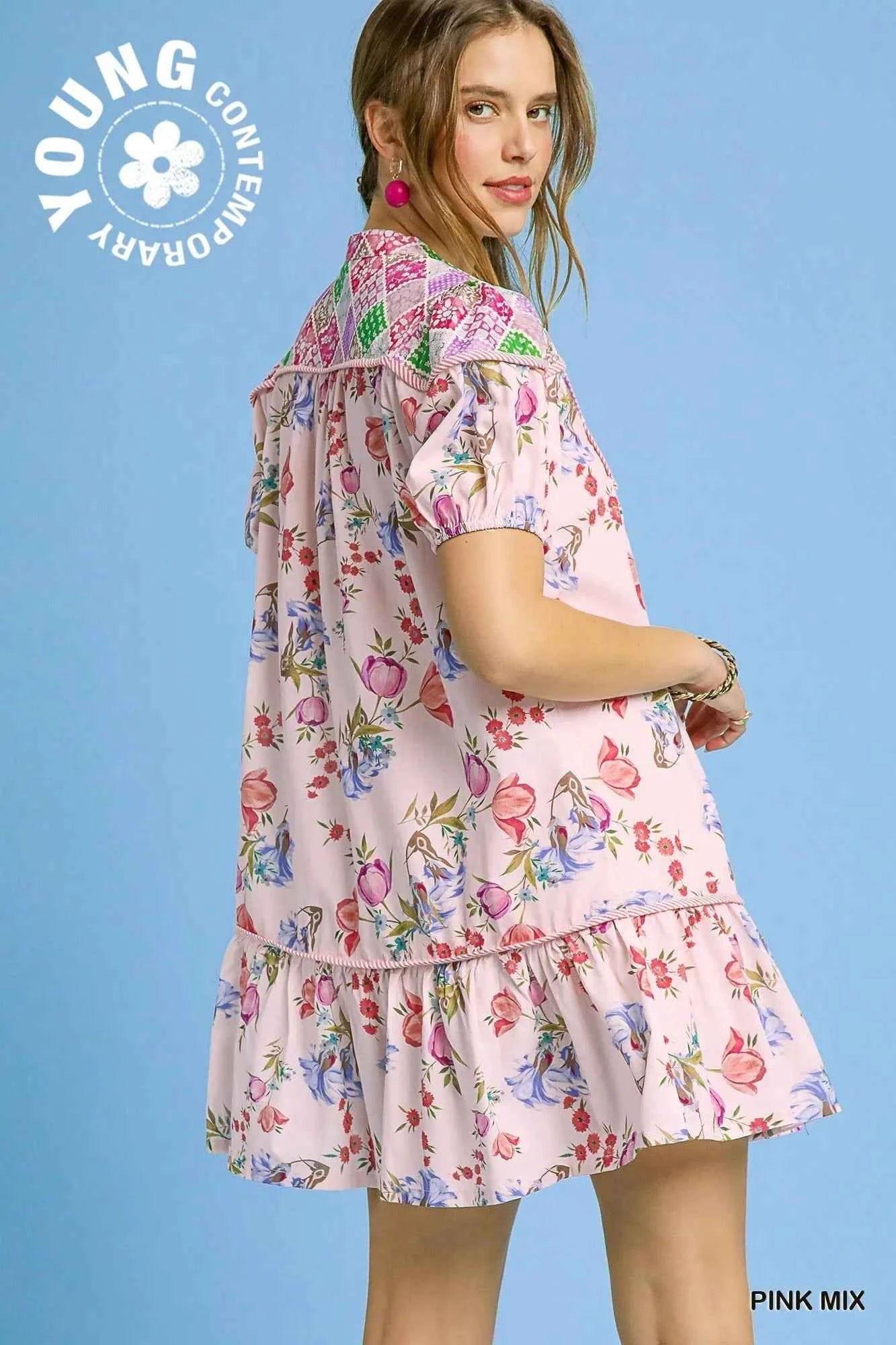 Umgee Floral Print Tie Neck Puff Sleeve Dress 6eac4baf-59a2-49fd-9461-5cddb07382bd-Max-Origin