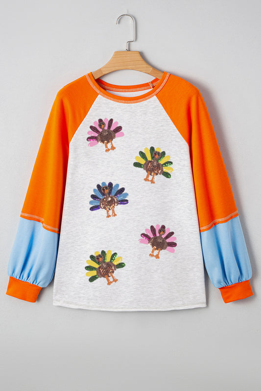 Light Grey Thanksgiving Turkey Graphic Sequins Patch Color Block Raglan Sleeve Top 6eafa2db2c8ae183