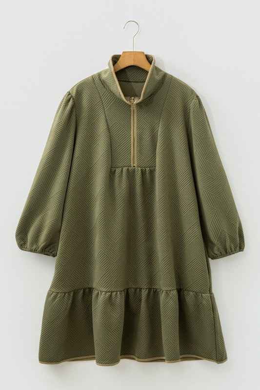 Plus Size Textured Contrast Trim Half Zip Dress Jungle Green 6eb335a5-631f-4c67-b7ef-19ca8ae211c8