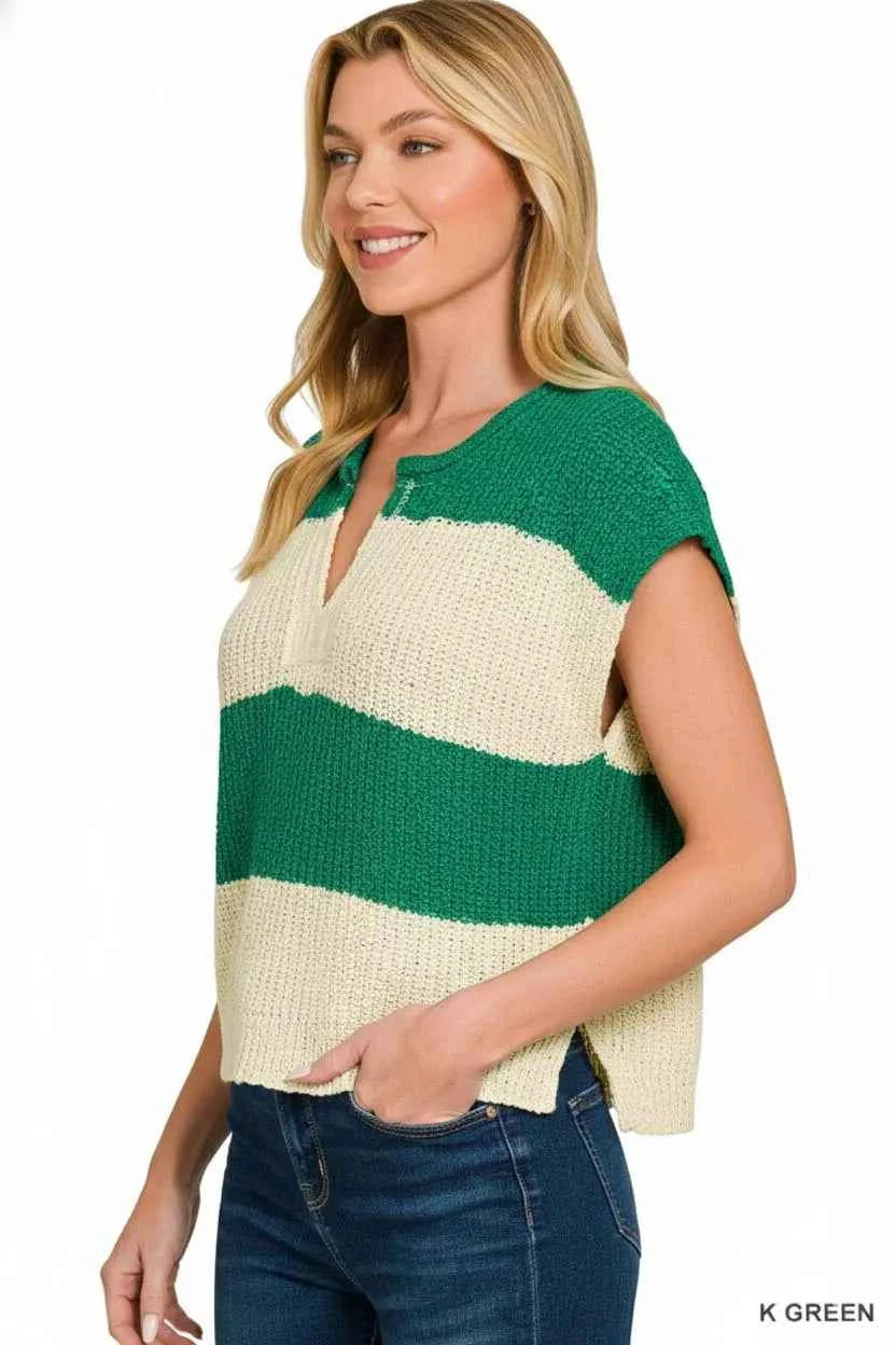 Zenana Split Neck Sleeveless Stripe Sweater 6eb7a0fe-f2f3-4454-a182-cdadc09dbaad-Max-Origin