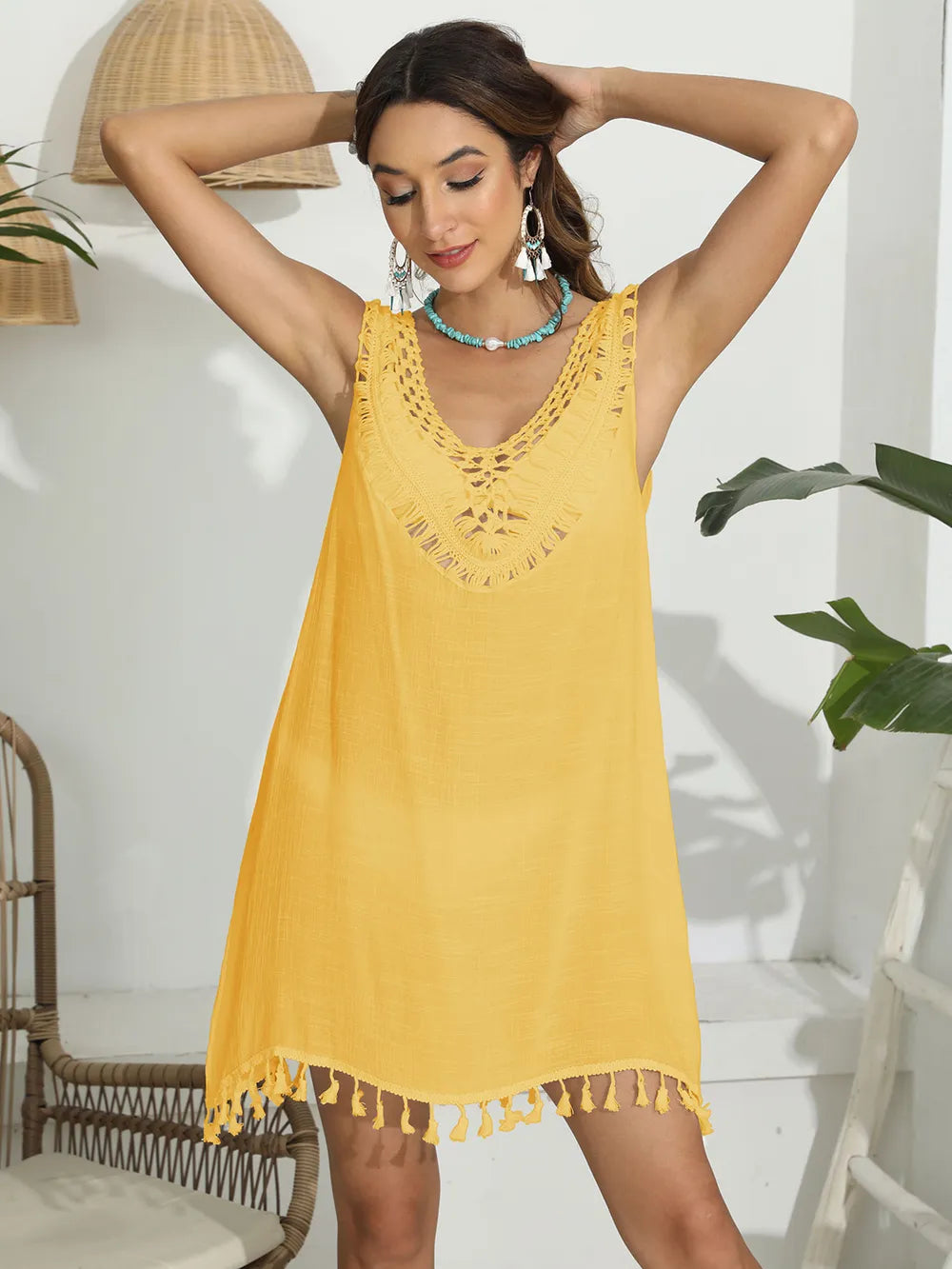 Tassel Scoop Neck Wide Strap Cover-Up Gold One Size 6eba0382-f8c3-4eb6-a8a2-d1fa4318a426-Max