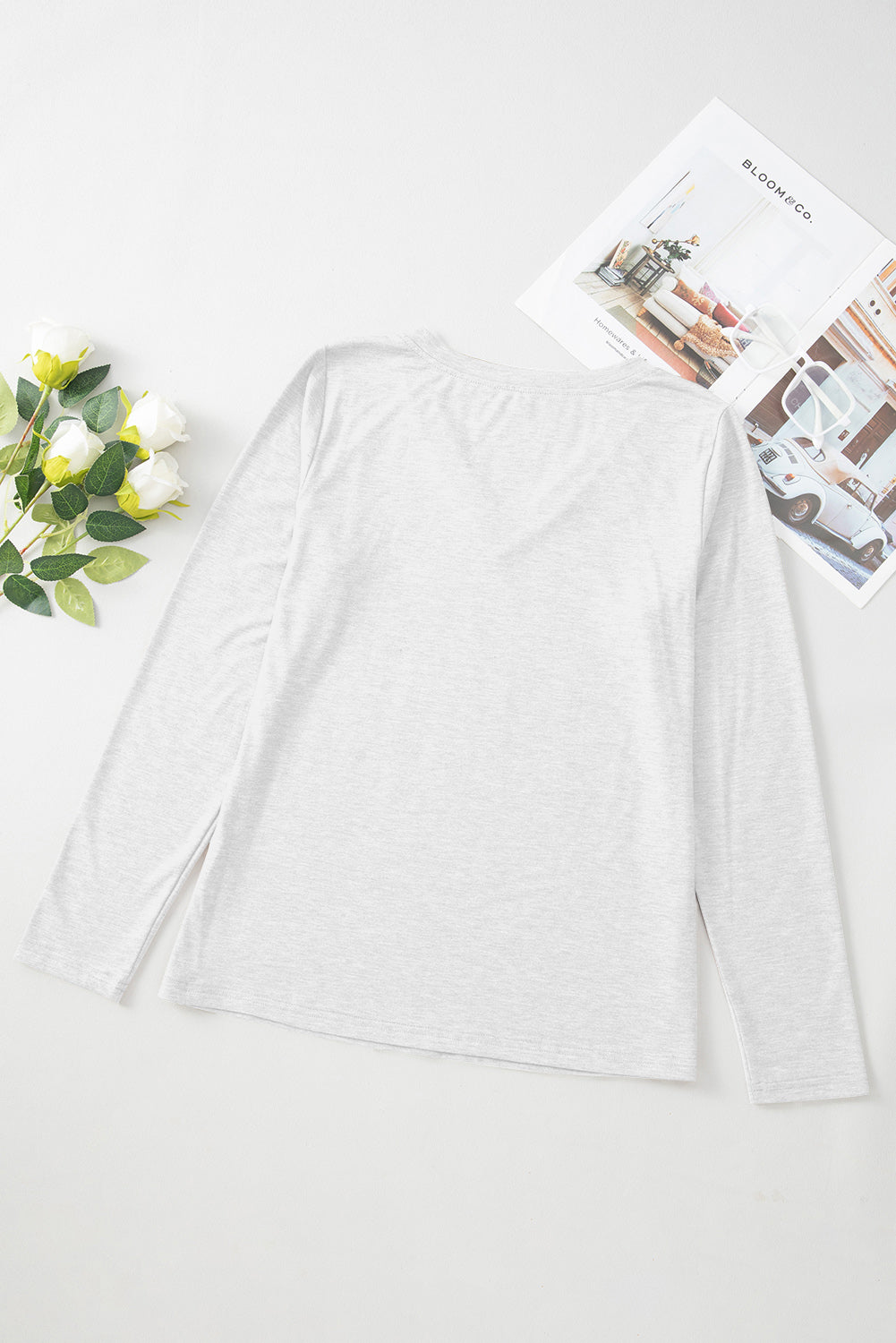 White Plain V Neck Long Sleeve Top 6ebb626309638d55