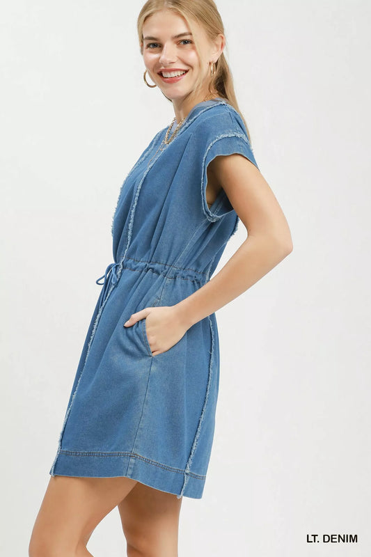 Drawstring Waist Frayed Denim Mini Dress 6ebbed23-ae23-41a8-b159-af9e32fe53b9-Max-Origin