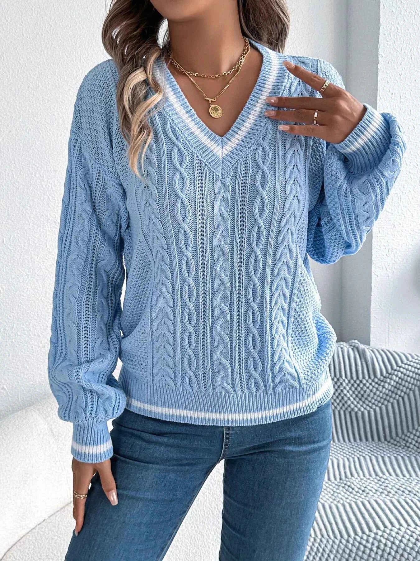 Cable Knit V-Neck Long Sleeve Sweater 6ec067f9ad6546628678f4b1e73c6e3b-Max-Origin