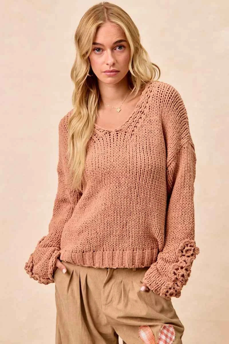 BiBi Chunky Knit Sweater with Flower Detail Sleeves 6ec138c710d94b24bcce1fb79bb3f3a4-Max-Origin