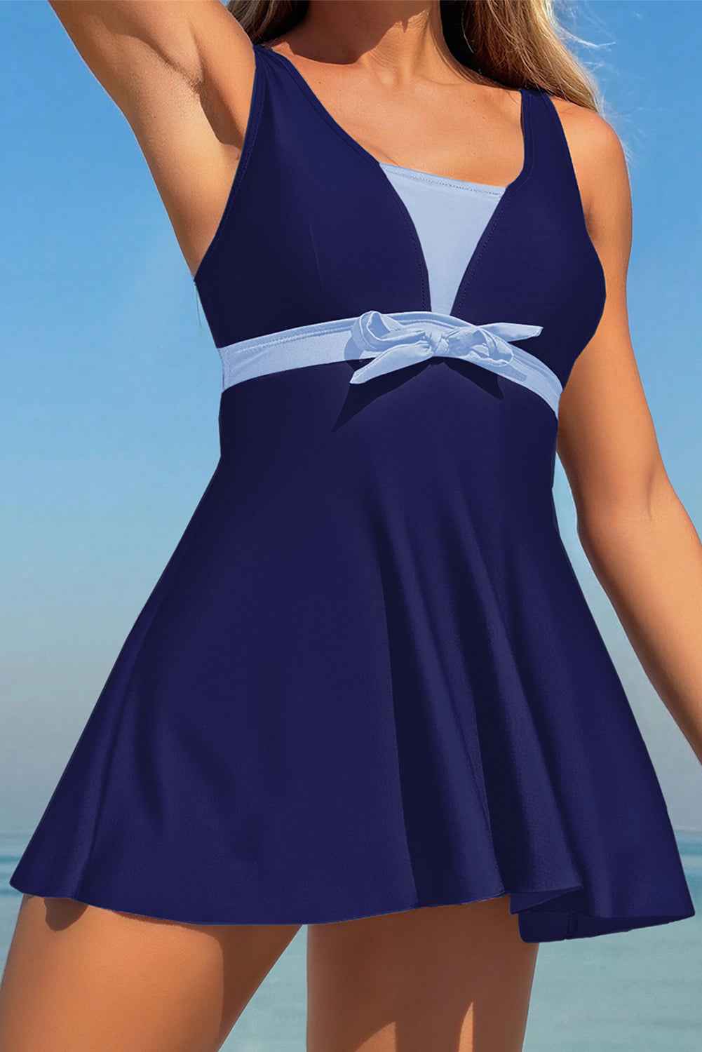 Blue Floral Print Patchwork Bow Knot Detail Sleeveless Swim Dress Navy Blue 85%Polyester+15%Elastane 6ec2937c16bc9641